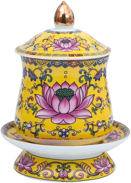 Mascot Desktop Decoration Buddhist Utensils Religious Pray Sacrificial Supplies 珐琅彩黄色套装国顺莲花供水杯圣杯佛前供果盘水果贡盘烧香炉贡品 1Pcs(小号圣水杯)