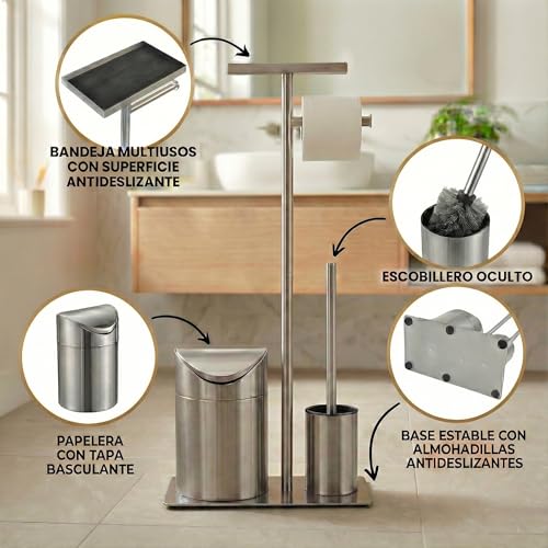 NIDDAPP Portarrollos Papel Higiénico de Pie y Escobillero - Set 4 en 1 con Papelera de Baño y Escobilla WC Incluidos - Soporte con Base Pesada Antivuelco (3kg), Acero Inoxidable y Sin Taladro - imagen 5