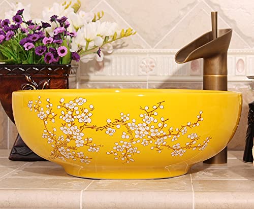 Miska do mycia nablatowa Chiny artystyczna ręcznie wykonana umywalka statkowa żółty kolor kwiat design Jingdezhen kształt kwiatów ceramiczny blat roboczy umywalka do łazienki (tylko 1 zlewozmywak)