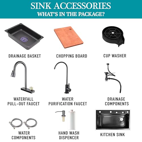 Image of LUXART Waterfall Anti-Scratch Multifunctional Kitchen Sink - 24x18x9 Inch Honeycomb Design Multifunction Sink With Pull Down Faucet, Cup washer & Drain Baskets | Stainless Steel Modern Kitchen Sink