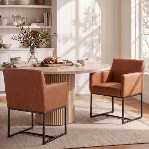 Image of HNY Mid Century Modern Upholstered Dining Chairs with Arms Set of 2, Faux Leather Accent Chairs with Black Finish Metal Frame, 19 inch Wide Arm Chairs for Living Room Kitchen Bedroom, Brown