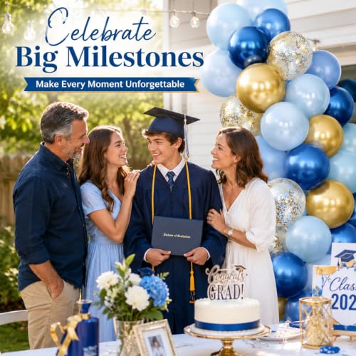 Image of Blue and Gold Balloon, 50 Packs 12 Inch Metallic Blue Pearl Double Stuffed Blue Balloons with Gold Confetti Ballons for Birthday Party Decorations Wedding Bridal Shower Baby Shower Graduate