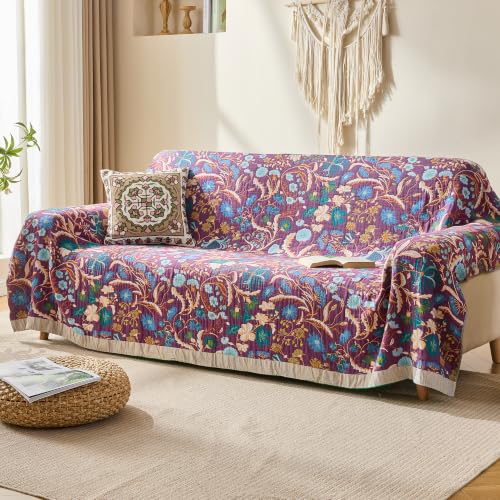 Image of VANJOROY King Boho Throw Blanket, 100% Organic Cotton Breathable Skin-Friendly Ultra Soft 91 inch x 98 inch Bed Quilt Blue Throw - Floral Rustic Luxury Reversible Blanket for Sofa Couch Chair and Gift
