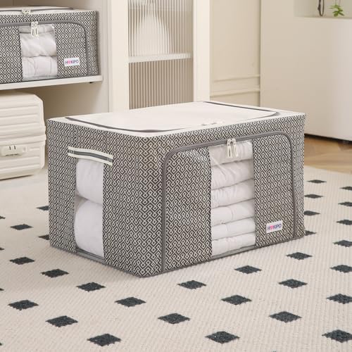 Image of HOKIPO Wardrobe Organizer Storage Box | Foldable Cloth Storage Boxes with Metal Frame & Window | 600D Oxford Fabric | 88L, Pack of 1 Charcoal Grey (AR-5930-CGRY)