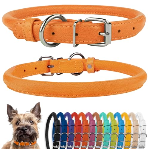 CollarDirect Collare per cani arrotolato in pelle, morbido collare rotondo imbottito per cuccioli, collare fatto a mano in vera pelle per cani piccoli collari (7-8 pollici, testurizzato arancione)