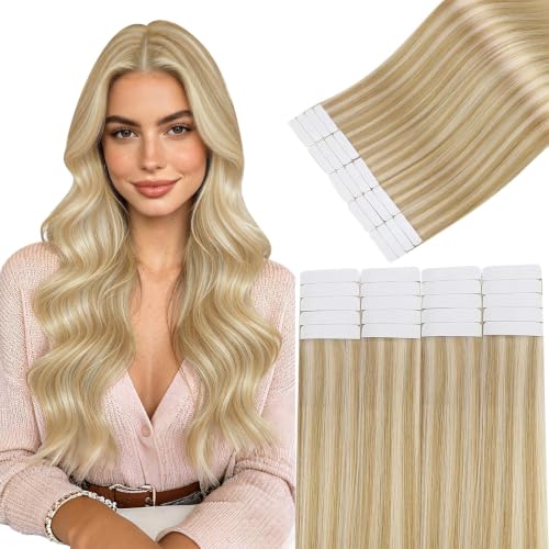 Image of Easyouth 24 Inch Tape in Extensions Real Human Hair Highlight Tape in Hair Extensions Human Hair Honey Blonde Highlight Blonde Hair Extension Tapes in Add Length 50g 20pcs