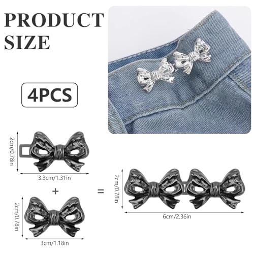 Bekecidi 4 Pairs Bow Jeans Button Pins, Detachable Pant Waist Tightener Adjustable Waist Buckle Tighten Waist Buttons No Sew Pants Waist Adjuster Clips for Loose Jeans Pants (Silver, Black)