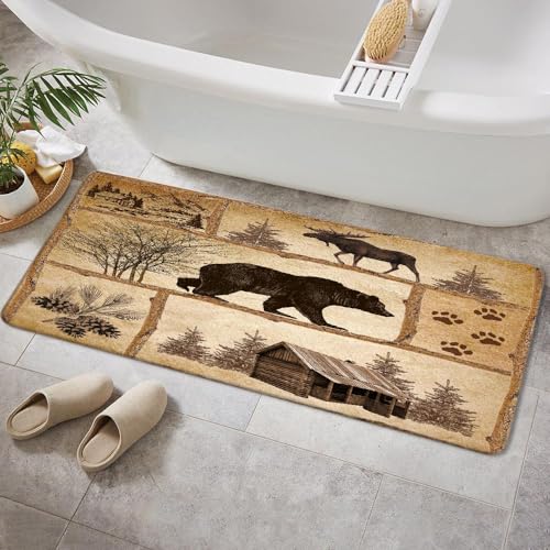 Bzhilja Rustic Cabin Bath Rug, Farmhouse Country Antique Bear Moose