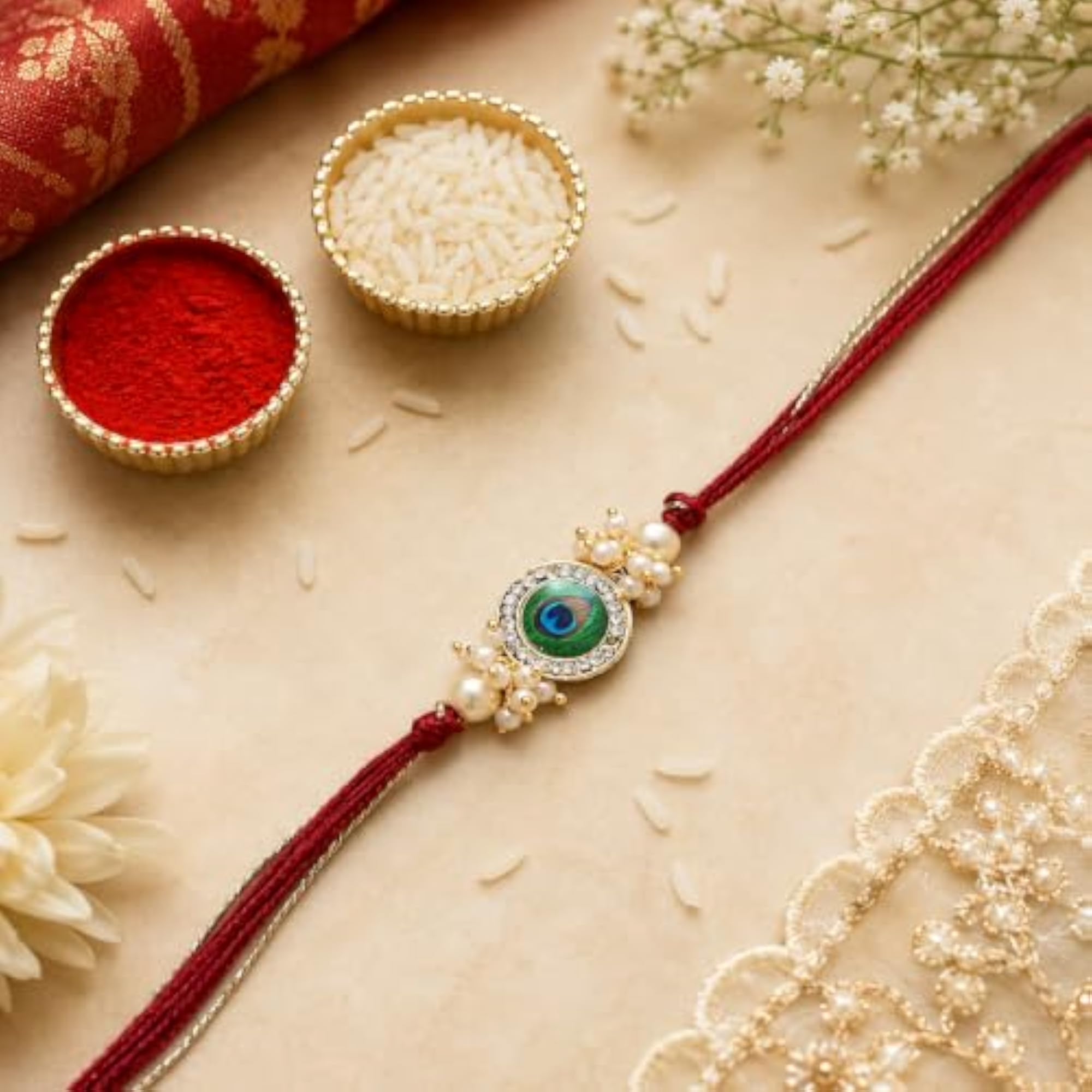 Set of 2 Traditional Peacock Feather AD Stone Rakhi for Brother