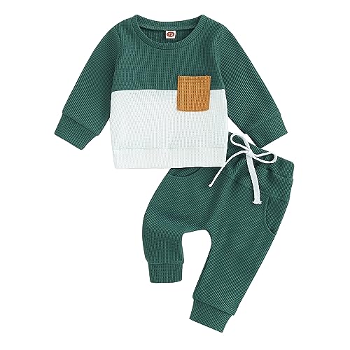 Image of Blotona Baby Boy Clothes Fall Winter Waffle Knit Contrast Color Sweatshirt Tops Casual Pants Set Toddler 2Pcs Outfit