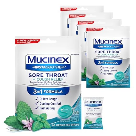 Mucinex InstaSoothe Sore Throat + Cough Relief Alpine Herbs & Mint Flavor, Fast Acting, Cooling Comfort, Powerful Sore Throat Oral Pain Reliever, 40 Medicated Drops (40 Count (Pack of 5))