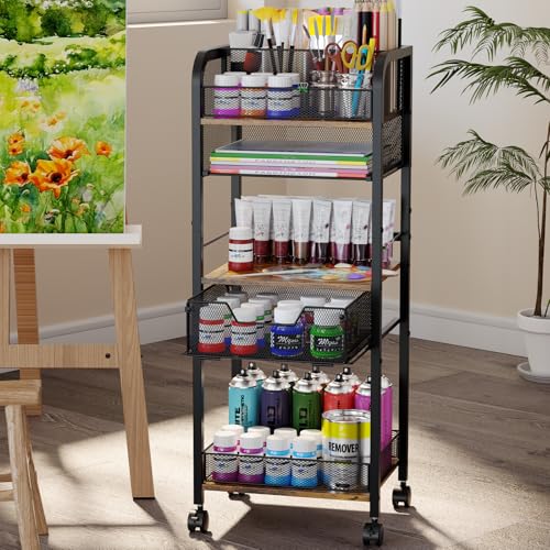 5-Tier Metal Rolling Utility Cart with Drawer, Craft Storage Cart...