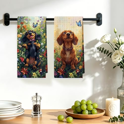 Image of 2 Pcs Cute Dachshund Floral Kitchen Towels 24x14 Inch, Floral Dachshund Gifts Reusable Dish Towels for Kitchen Bathroom Decor, Waffle Weave Absorbent Tea Towel, Weiner Dog Gifts for Women Mom Friend