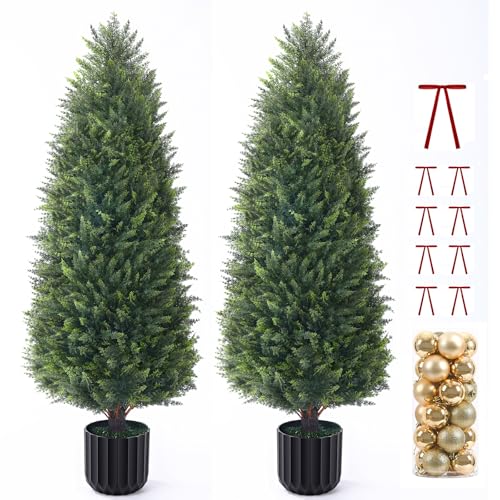 4FT Artificial Cedar Topiary Trees Set of 2, Extra Dense Foliage ...