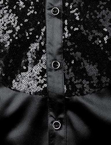 ZEROYAA Men's Shiny Sequins Design Silk Like Satin Button Up Disco Party Dress Shirts4