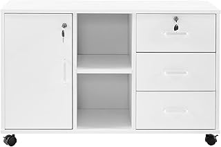 LEMROE Rolling Mobile File Cabinet with Lockable Drawers and Cabinet Printer Stand with Open Shelves Stationery Storage Cabinet Cupboard (white)