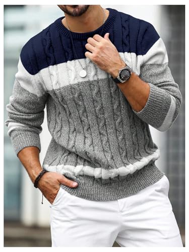 Men's Color Block Cable Knit Sweater Crew Neck Long Sleeve Pullover Knit Tops3
