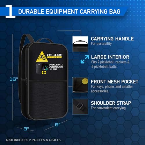 Image of De Jure Fitness 11 MM Pickleball Paddle - 2 Premium Fibre Glass 11 MM Rackets Honeycomb Composite Core with Cushion Comfort Grip & 4 Balls & Portable Racquet Bag (2 Rackets + 4 Balls+ Bag)