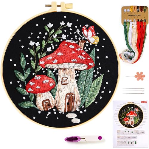Image of KESTAR Embroidery Starter Kit, Mushroom Butterfly Embroidery Kit for Adults Beginners, Cross Stitch Kits with Embroidery Cloth Hoops Needles Instruction and Threader