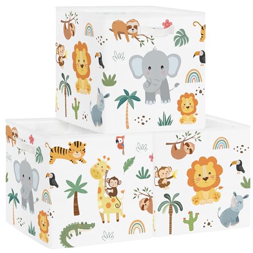 Clastyle Juego de 3 Caja Almacenaje Tela Animal Jungla Cestas Almacenaje Ropa Padres y Madres para Juguetes Cestas Organizadoras Plegable para Armarios,Blanco,30x30x30 cm