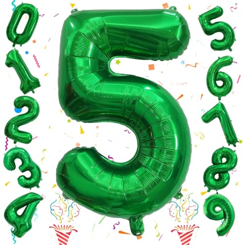 Image of 40 Inch Dark Green 5 Number Balloons, Large Foil Self Inflating 5th Birthday Number Balloon, 0-9 Set Number Ballons for Girls Men 25th 35th Birtyday Party Anniversary Jungle Decorations Supplies