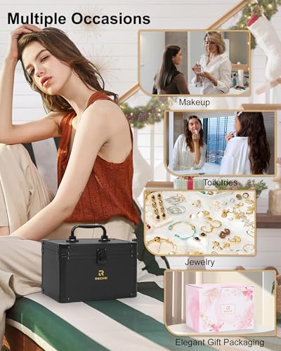 Image of Relavel Makeup Bag with LED Mirror, Travel Cosmetic Train Case with 3 Colors Light up Mirror, Portable Makeup Aritst Storage Organizer Box with Brush Holder, Birthday Gifts for Women and Girls, Black