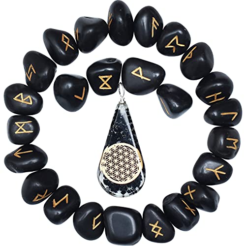 ZAICUS Black Tourmaline Rune Stones Set (25 Pcs) Elder Futhark Engraved Alphabet Pagan Runic Symbols + Black Tourmaline Crystal Tear Drop Orgone Chakra Healing Pendant Great Gift Home Decoration