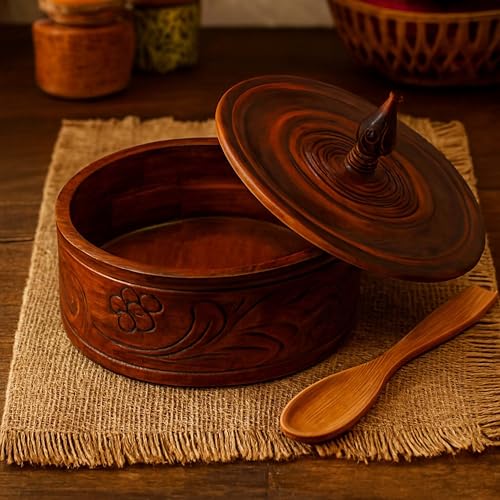 Image of HandmadeWood Roti Box with Lid | Enamel-coated Chapati Box for Serving & Storage | Wooden Hot Pot Casserole Dabba for Bread, Snacks, and Roti (22.5W) 22.5L 12.5H Natural