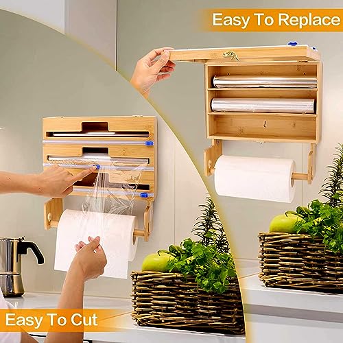 Dispenser per pellicola trasparente e taglierina 4 in 1, per cassetto da parete della cucina, porta rotolo di bambù, compatibile con rotoli da 30,5 cm, con taglierina, foglio di alluminio e dispenser