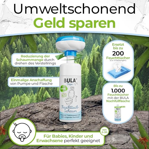 BULA® Popo Home Bundle | Feuchttuch-Schaum 150ml Flasche + Blumen-Schaumpumpe inkl. Edelstahl Halter | Popo Schaum als nachhaltige Alternative für (Baby u. Toiletten-) Feuchttücher | BULA Starterset 4