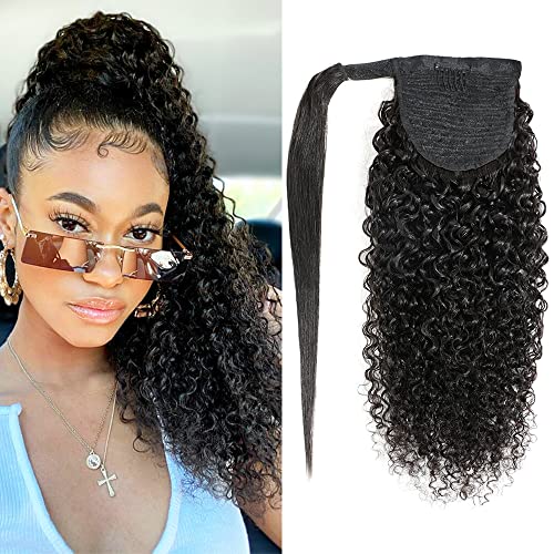 Adette 18 inches 100% Human Hair Curly Ponytail Wrap Around Ponytail Hair Extensions Magic Paste Ponytails with Comb Clip in Kinky Curly Pony Tails for Black Woman