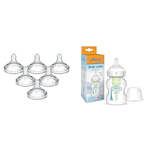 Dr. Brown's Natural Flow - Pezón de silicona para biberón de cuello ancho, flujo más lento, 0.0 ft+, 100% y opciones anticólicos de flujo