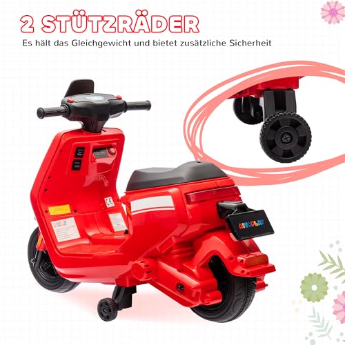 AIYAPLAY Kinder Elektro-Motorrad, 6V Kindermotorrad mit Scheinwerfer, Musik, Vor- und Rückwärtsgang, Trainingsräder, 1,5-3 km/h, Elektromotorrad für 1,5-3 Jahre Kinder, Rot – Bild 6
