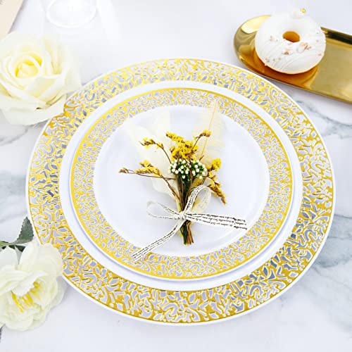 Wdf 102Pcs Gold Disposable Plastic Plates - Christmas Plates Include 51 Plastic Dinner Plates 10.25Inch,51 Salad/Dessert Plates 7.5Inch Gold Lace Plates #TOP2