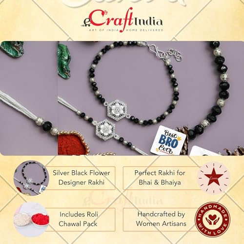 Image of eCraftIndia Silver Black Flower Designer Bhaiya Bhabhi Rakhis with Best Bro Ever Fridge Magnet | Set of 2 Rakhi for Brother and Bhabhi | Lumba Rakhi | Roli Chawal Pack