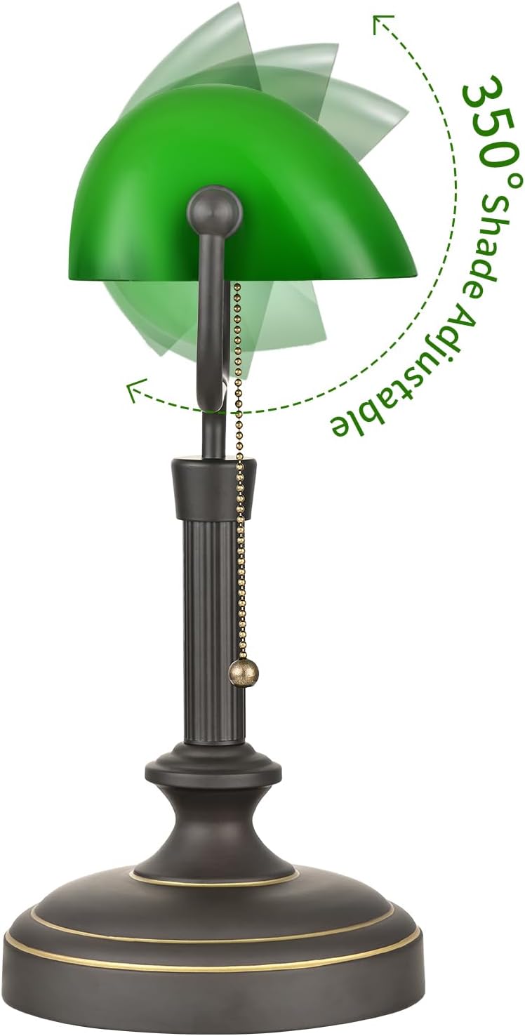 Traditional Banker's Desk Lamp with Glass Shade,Pull Chain Switch, LED Bulb Included (Antique Black+Green)