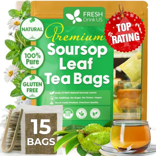 Image of FreshDrinkUS, 15 Premium Soursop Graviola Leaf Tea Bags, 100% Natural and Pure from Soursop Leaves, Handmade, Made With Natural Materials-Corn Fiber Tea Bag, Sugar / Caffeine / Gluten Free, Hoja Guanabana Tea
