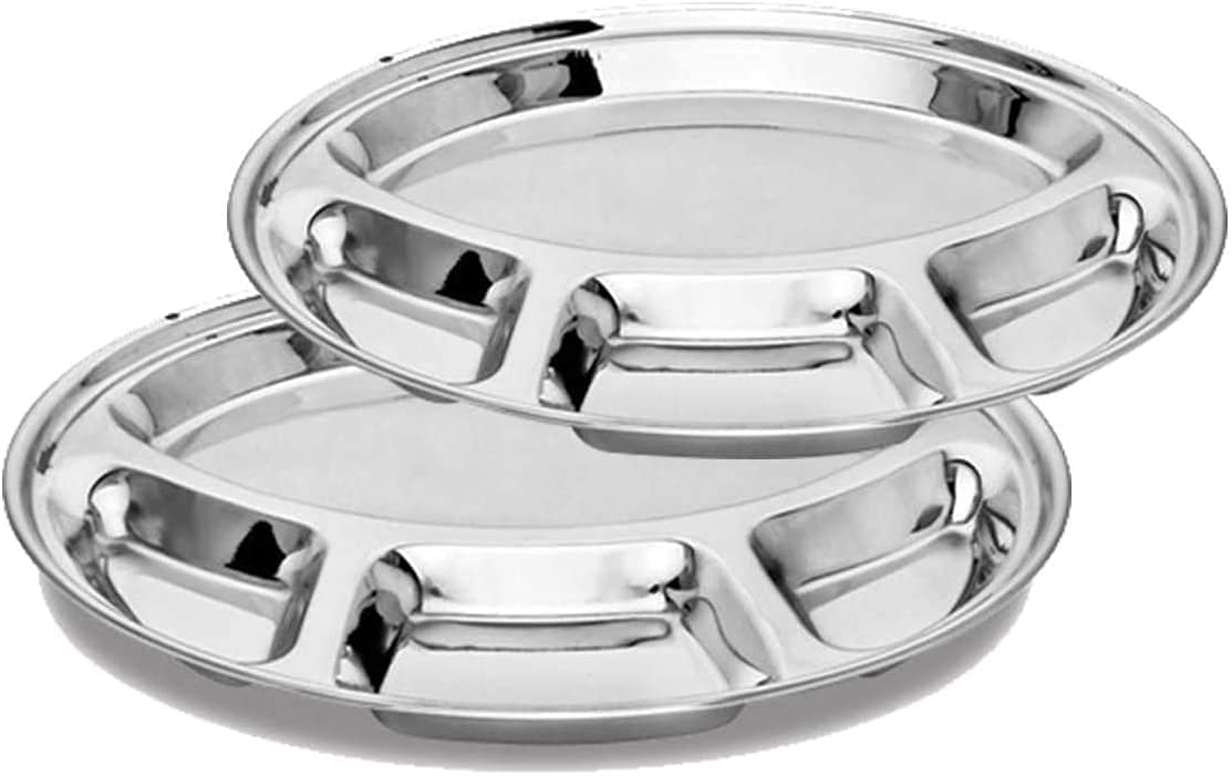 RSK Goods Stainless Steel Round 4 Compartment Food Serving Dish Indian Thali, Serving Platter, Food Divided Plate, Size 33cm (4)