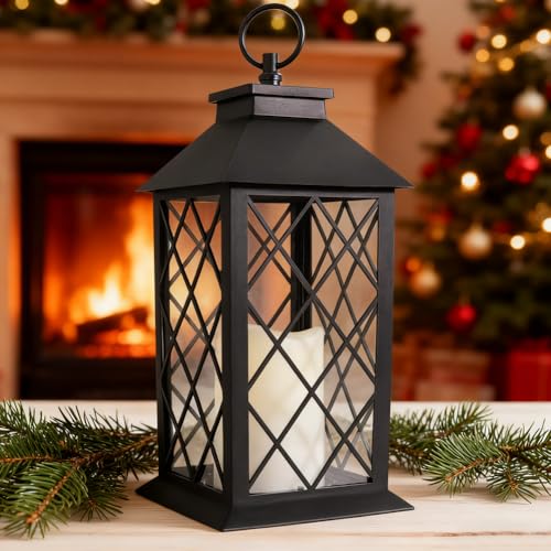 Bright Zeal 13.5" Black Vintage Candle Lantern with LED Pillar Candle and Timer - IP44 Waterproof Outdoor Decorative Hanging Lantern Porch Light