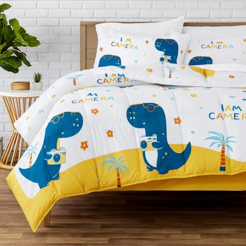 Image of 200 GSM 400 TC Kids Glace Cotton Reversible Cartoon Printed Double Bed King Size Comforter with Matching Bedsheet 90x100 Inches with 2 Pillow Covers Set of 4 Pieces- Blue Dinasour