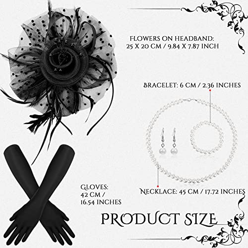 Yaomiao 5 Pieces Tea Party Accessories for Women 1920s Fascinators Hat Feathers and Gloves Veil Mesh Headband Derby Cocktail(Black) - Thumbnail 2