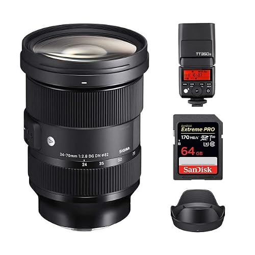 Sigma 24-70mm f/2.8 DG DN Art Lens for Sony E | Full-Frame Format with Six SLD Elements, Rounded 11-Blade Diaphragm, and Multi-Layer, Godox TT350S Flash, 64GB Extreme PRO UHS-I SDXC Memory Card