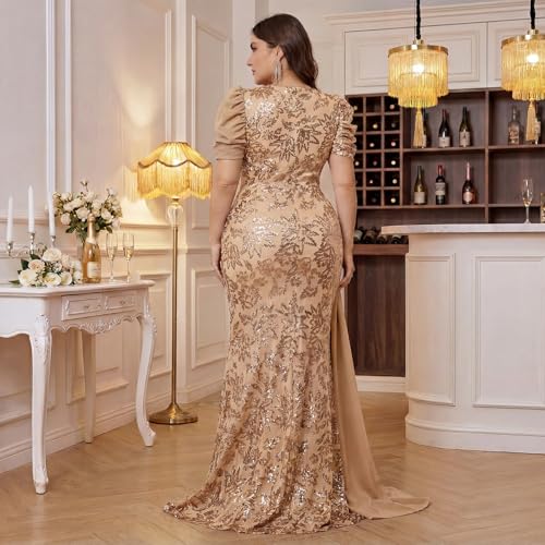 Image of Elegant Women's Formal Dress Wedding Guest Puff Sleeve Mermaid Ball Gowns Court Train Plus Size Sequin Long Dresses