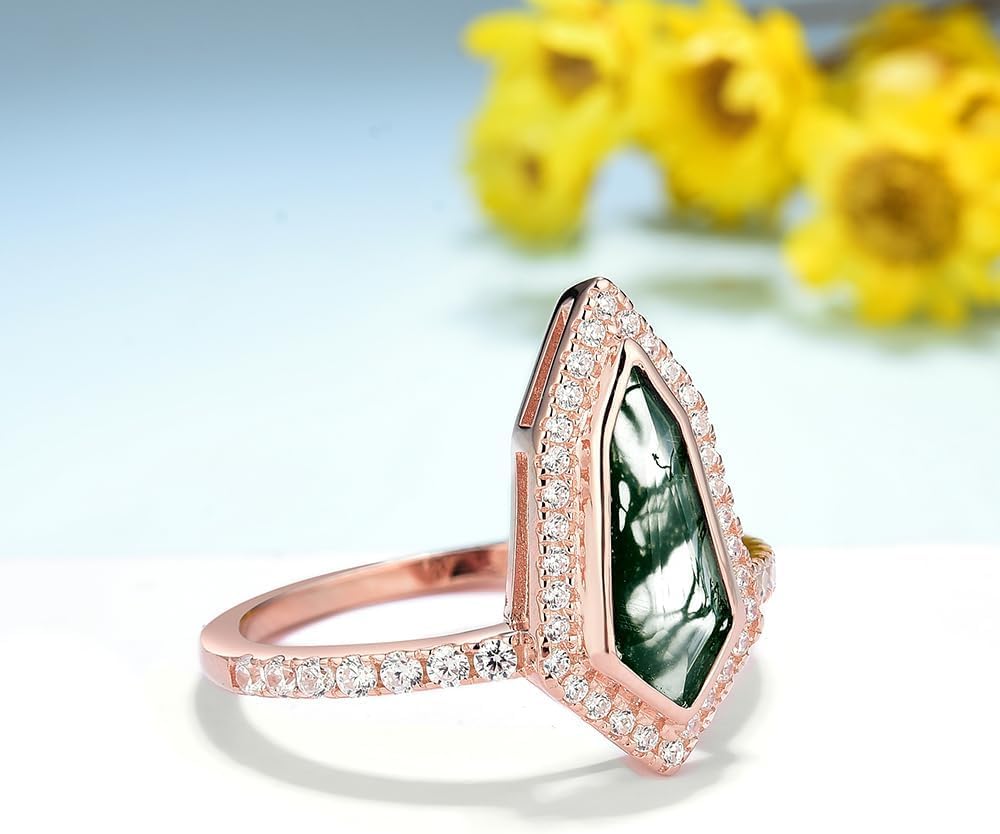 Delicate 925 Sterling Silver Moss Agate Ring Set - Sri Lanka