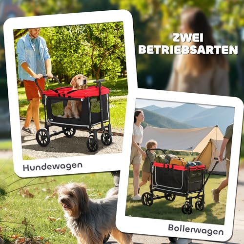 PawHut 2 in 1 Hundewagen Hundebuggy klappbar für Hunde & Katzen bis 30 kg Bollerwagen mit Kissen Netzfenstern 2 Türen Aufbewahrungstasche Katzenwagen Buggy Rot