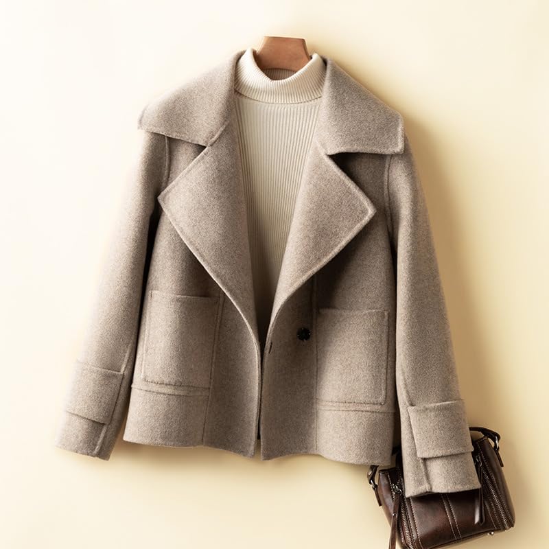 utcoco Womens Short Wool Pea Coat Notched Lapel Cropped Woolen Trench Coat with Pockets2