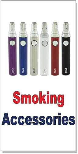 Accesorios para fumar rojo y azul etiqueta engomada tienda al por menor cartel 8"