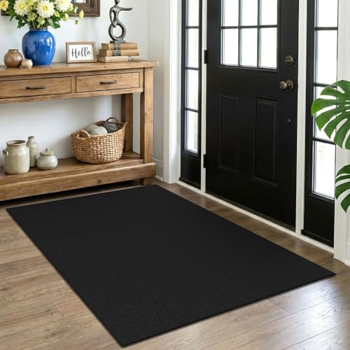 EARTHALL Woven Area Rug 4x5 Ft Washable Rugs for Entryway Non Slip Braided Throw Rugs Bedroom Carpet Cotton Entry Rug Cotton Floor Carpets for Bedroom Dining Room Living Room, Black/Grey