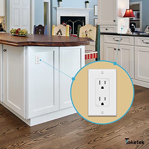 Taketek Decorator Receptacle Outlet With 𝐖𝐚𝐥𝐥 𝐏𝐥𝐚𝐭𝐞, Tamper-Resistant Electrical Outlet, Residential Grade, 3-Wire, 15A 125V, Self-Grounding, 2-Pole, Ul Listed, White (10 Pack) #TOP4