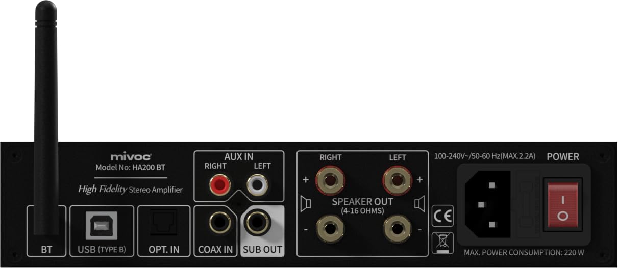 HA200 BT HiFi Verstärker, Stereo Verstärker, 2x100W, Bluetooth, optischer Eingang, Subwoofer Ausgang